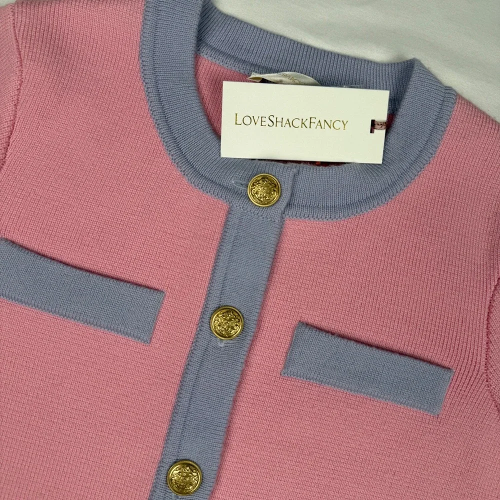 LoveShackFancy Elif Cardigan Sweater Pink Lavender 100% Wool Gold Button Women M